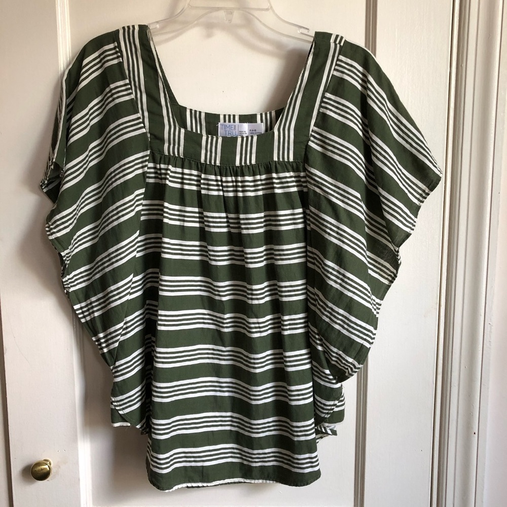 TIME & TRU Green & White Striped Top with flutter sleeve